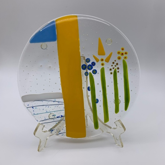 Fused Art Glass Footed Trivet Potholder With Millefiori Flowers SIGNED by Artist - Picture 1 of 13